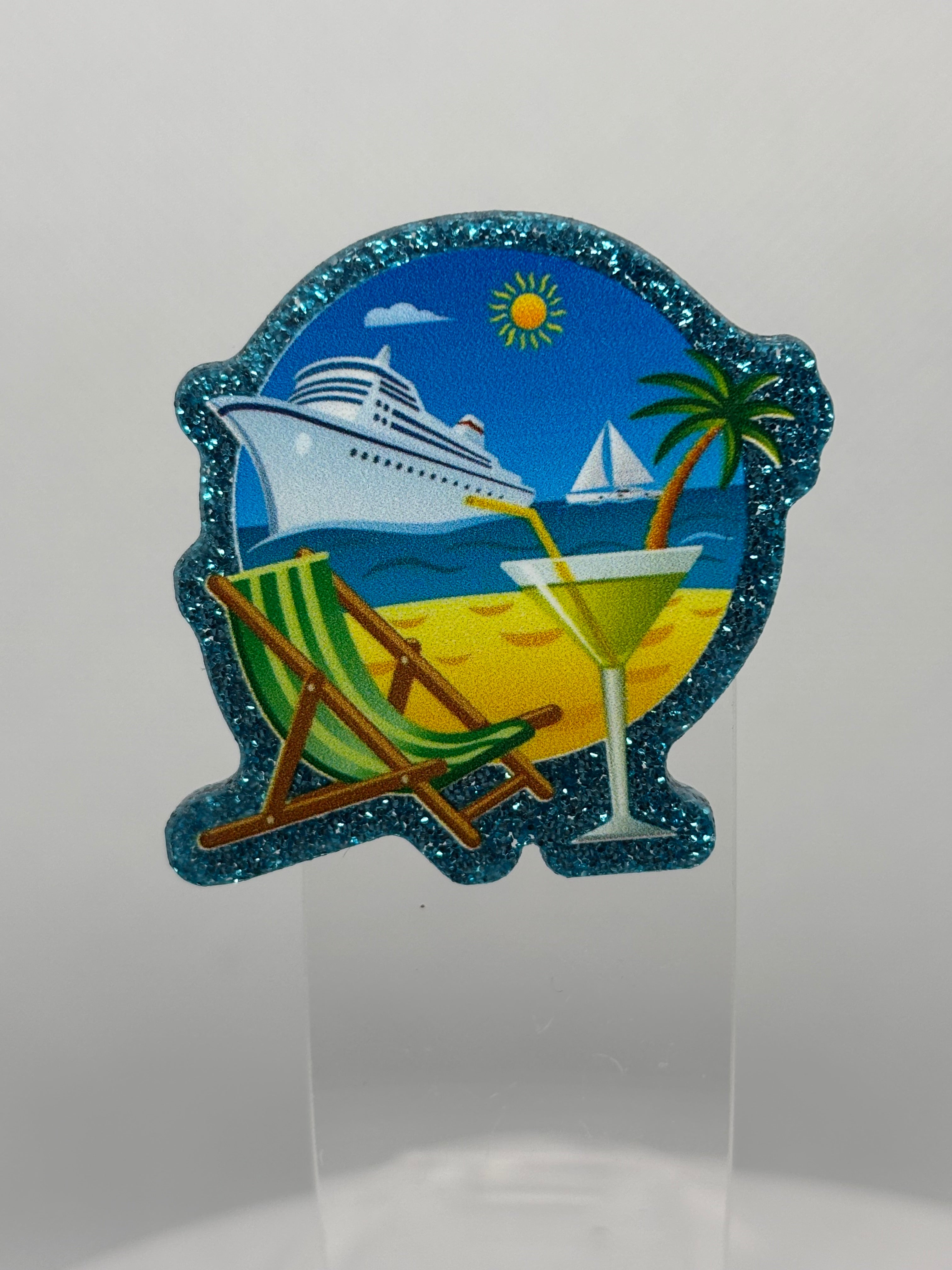 Boat, Beach, and a Drink on blue glitter